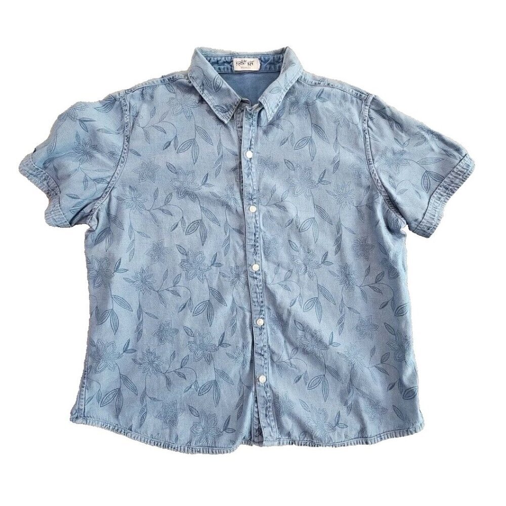 Krazy Kat Shirt Women’s XL (50" Chest) Floral Denim Short‎ Sleeve AOP EUC Blue